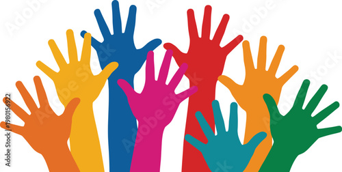 Vibrant colorful raised hands reaching up representing diversity and unity