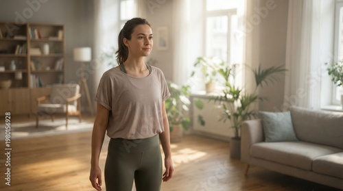 Young Athletic Woman Doing Natural Arm Stretches In Her Living Room Post Workout Session