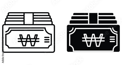 South Korean won currency stack icon set featuring outline and solid black glyph designs for financial banking and payment applications