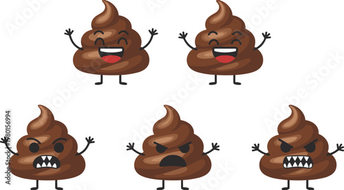 Five Cartoon Poop Emojis With Different Expressions