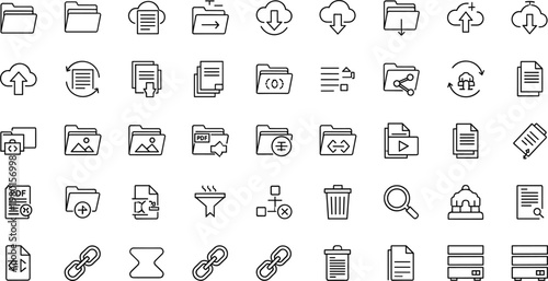 File management outline icon set with folders documents upload download cloud storage and office interface symbols for web applications