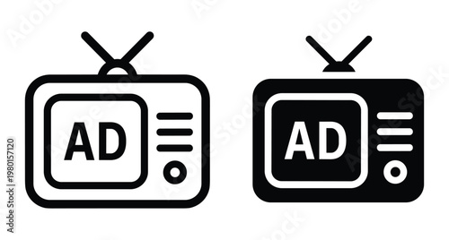 Television advertising icons showing outline and solid styles for marketing commercials broadcasting media promotion digital screen display video content strategy