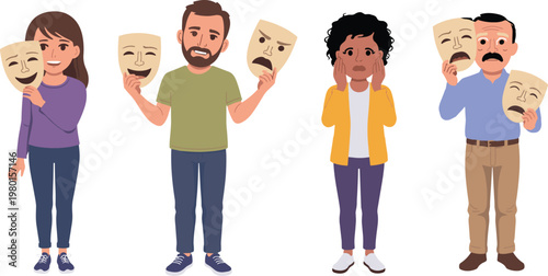 People Holding Masks Expressing Emotions illustration