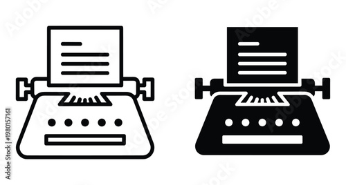 Typewriter icon set featuring outline and solid glyph styles for writing blogging journalism literature storytelling vintage office equipment and creative copy