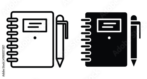 Spiral notebook and pen icon set in outline and solid styles for office supplies education planning and business note taking