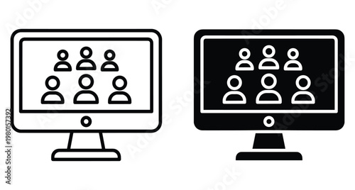 Video conference icon set showing online meeting on computer screen for remote work virtual team collaboration and digital communication webinar