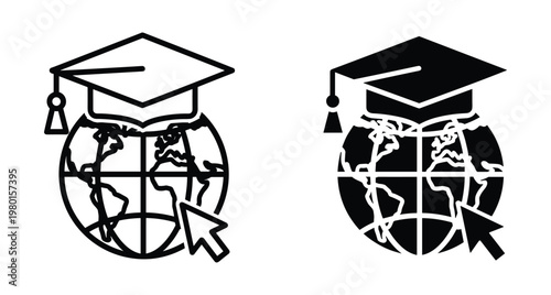 Global online education icon set featuring graduation cap on world globe with computer cursor for digital learning and international studies