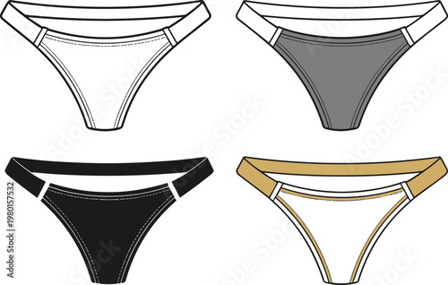 Four Different Styles of Bikini Bottoms in Outline and Color Variations underwear lingerie