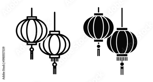 Traditional Chinese lantern icons set featuring outline and solid black silhouette styles for lunar new year festival celebration and asian decoration