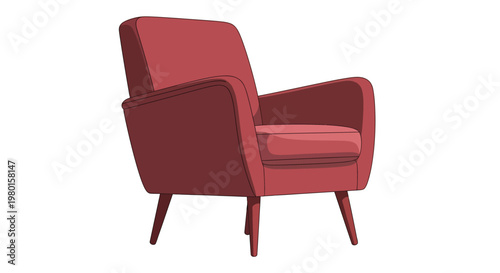 A digitally illustrated modern armchair in a deep red hue is prominently displayed on a white background