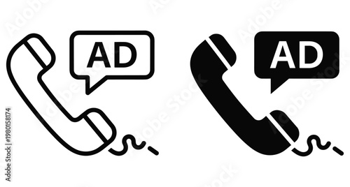 Telephone handset icon set with speech bubble containing ad text for marketing communication advertising campaign and professional telemarketing sales services