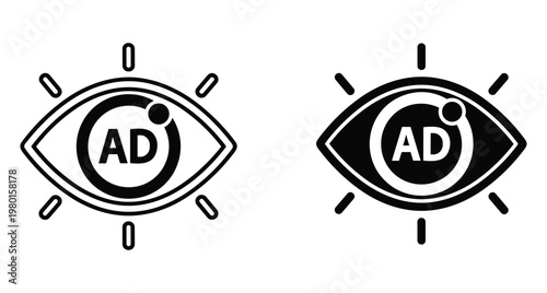 Advertising eye icon set showing vision for marketing and digital promotion with outline and solid black graphic design elements