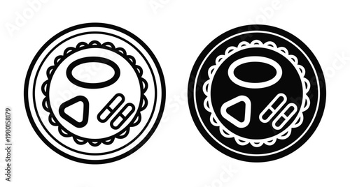 Medical pill and capsule icons in circular frame with outline and solid black styles for healthcare and pharmacy design projects