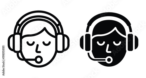 Customer service representative icon set featuring call center agent wearing headset with microphone in outline and solid glyph style designs