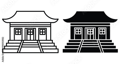 Traditional Asian temple building icon set featuring Japanese shrine architecture with pagoda roof stairs and doors in outline and silhouette