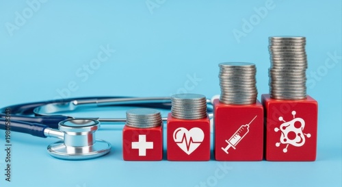 Wallpaper Mural Rising Healthcare Costs Symbolized by Stacks of Coins on Red Blocks with Medical Icons and Stethoscope Torontodigital.ca