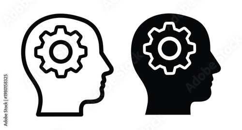 Human head silhouette with gear cogwheel icon representing mental process logic thinking brain power engineering psychology cognitive function technical mind