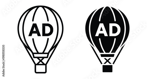 hot air balloon advertising icons set with AD text for marketing promotion branding commercial campaign flight travel transport business symbol