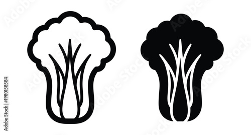 Chinese cabbage bok choy napa cabbage vegetable icon set in outline and solid black silhouette style for food menu design