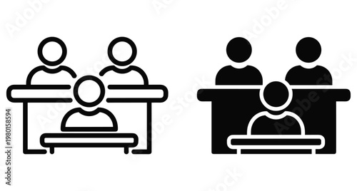 Classroom students sitting at desks learning in school or training session meeting icon set with outline and solid black versions