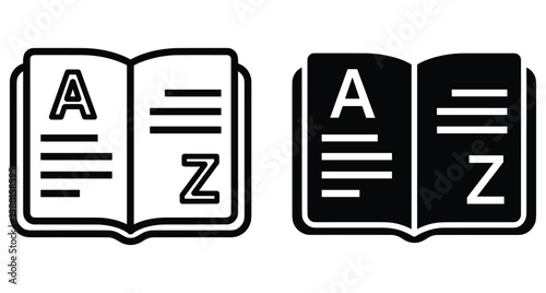 Open book dictionary icons showing alphabet letters A to Z in line and solid black styles for education and learning