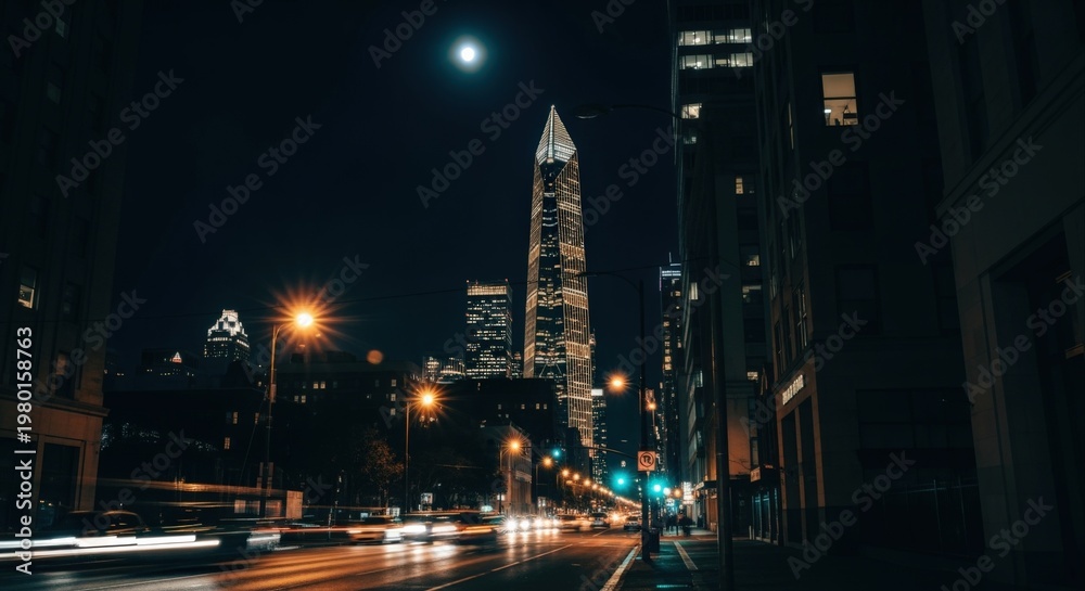 Naklejka premium Cityscape at Night with Tall Buildings, Streetlights, and Car Trails Under a Moonlit Sky