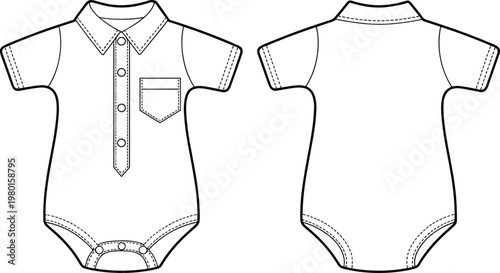 Front and back view of a baby onesie with collar and pocket in outline bodysuit romper
