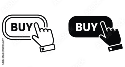 Buy button icon set with hand cursor clicking for online shopping e commerce website interface design elements black and white