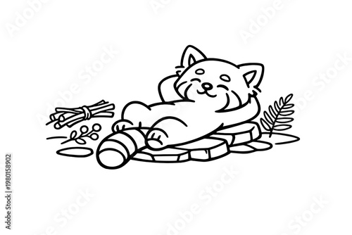 Sleeping red panda line art illustration with bamboo and leaves