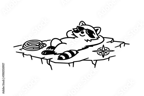 Black line art raccoon resting on a map