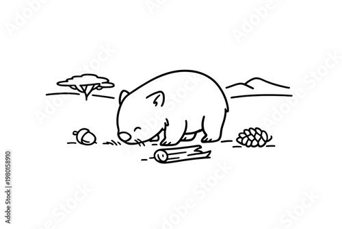 Black line art of a wombat in a simple nature scene