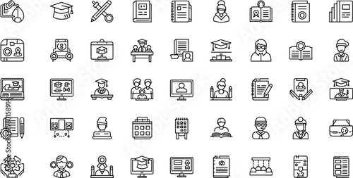 Education and online learning line icon set featuring graduation student classroom minimal outline vector collection