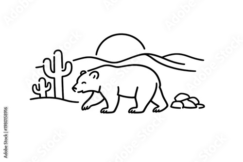 Black line icon of a bear in a desert landscape