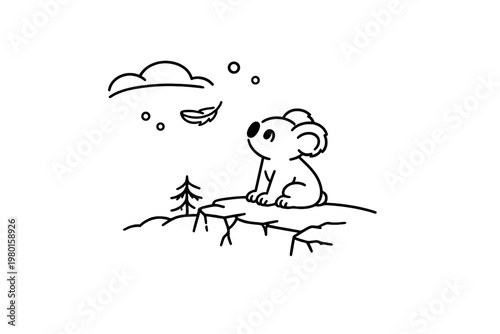 Simple line drawing of a koala on a cliff with cloud and leaf