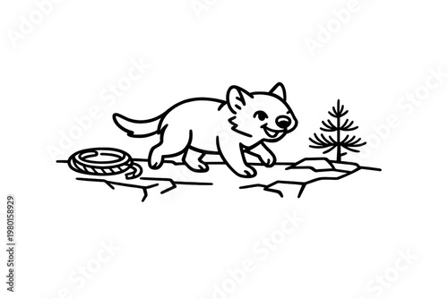 Cute cartoon wolf cub walking near a tire and small tree