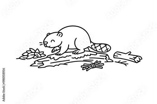 Black outline illustration of a beaver on a log