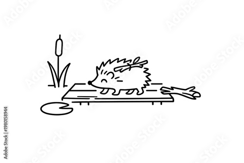 Hedgehog walking on a wooden boardwalk line icon