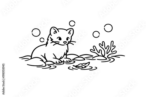 Black outline otter underwater with bubbles and plants