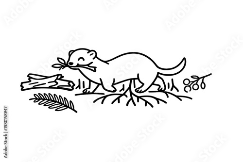 Black line art otter carrying a branch in woodland scene