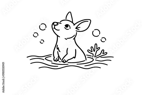 Black line art of a small dog sitting in water