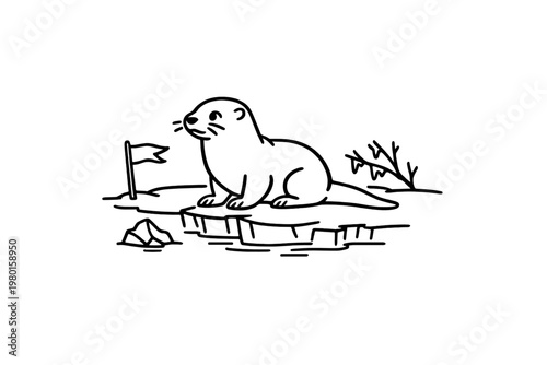 Simple line drawing of an otter on ice