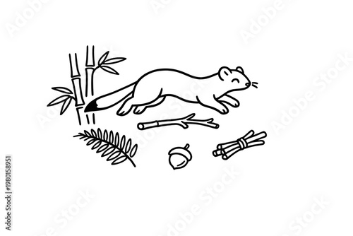 Black line art of a weasel with bamboo and forest elements