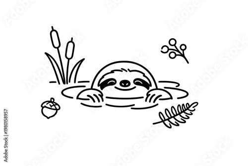 Cute sloth floating in a pond line art illustration