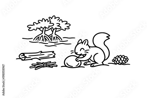 Black line icon set with squirrel, mangrove trees, log and pine cone
