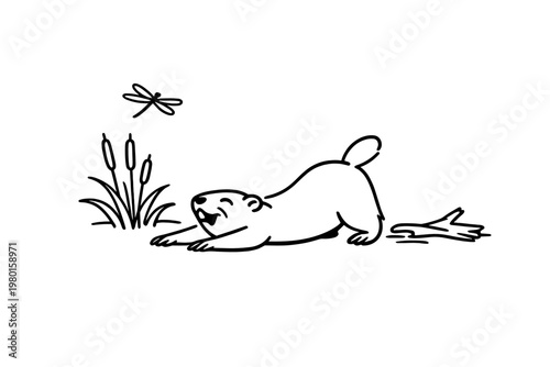 Black line art beaver with cattails, dragonfly, and log