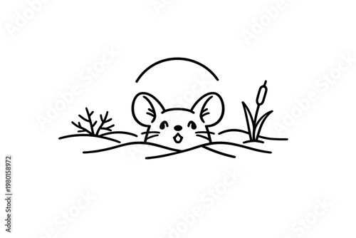 Cute mouse peeking from a burrow line art icon
