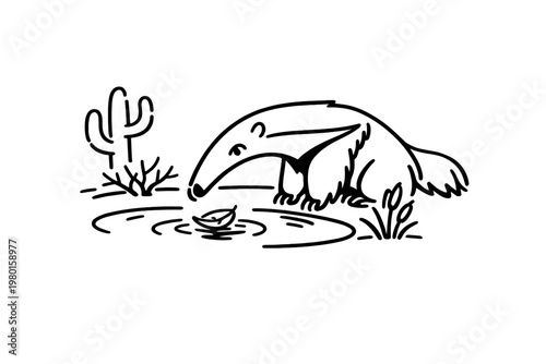 Minimal line art anteater in a desert landscape