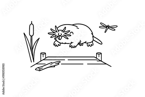 Black line art beaver above a pond with cattail and dragonfly