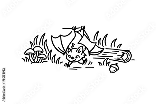 Cute bat hanging upside down in a forest doodle