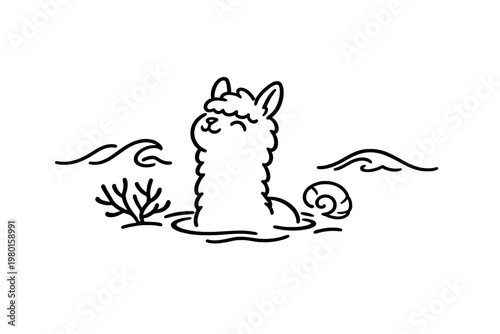 Cute llama line art with simple landscape elements